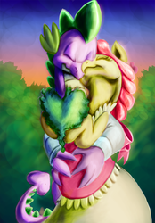 Size: 648x931 | Tagged: safe, artist:rannva, apple bloom, spike, dragon, earth pony, pony, g4, clothes, dragon on pony action, dress, female, interspecies, male, mommabloom, nuzzling, older, pregnant, ship:spikebloom, shipping, straight, suit