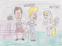 Size: 3022x2266 | Tagged: safe, artist:darkknighthoof, derpy hooves, human, pegasus, pony, g4, beavis, beavis and butthead, butthead, crossover, female, human and pony, human male, male, mare, traditional art, trio