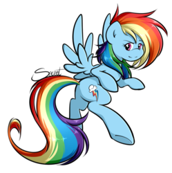 Size: 588x591 | Tagged: safe, artist:secret-pony, rainbow dash, pegasus, pony, g4, female, flying, looking at you, mare, signature, simple background, smiling, solo, transparent background