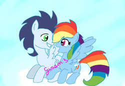 Size: 1023x704 | Tagged: dead source, safe, artist:gizemyorganci, rainbow dash, soarin', pegasus, pony, g4, duo, female, male, ship:soarindash, shipping, straight