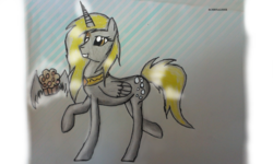 Size: 1280x766 | Tagged: safe, artist:xchrysalisssx, derpy hooves, alicorn, pony, g4, female, muffin, queen, solo