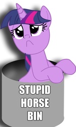 Size: 536x896 | Tagged: safe, twilight sparkle, pony, unicorn, g4, :c, bin, female, frown, impact font, leaning, lidded eyes, looking up, mare, obvious troll, op is a duck, op is trying to start shit, pouting, sad, simple background, troll, unicorn twilight, white background