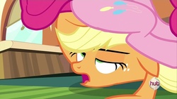 Size: 960x540 | Tagged: safe, screencap, applejack, pinkie pie, pony, g4, games ponies play, appleseat, asshat, butt touch, faic, female, hoof on butt, hub logo, lidded eyes, logo, mare, out of context, sitting on head, the hub, train, window