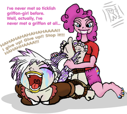 Size: 514x461 | Tagged: safe, artist:rgevskiy, gilda, pinkie pie, anthro, plantigrade anthro, g4, barefoot, crying, eyes closed, feather, feet, female, fetish, gritted teeth, humanized, laughing, lesbian, open mouth, ship:gildapie, shipping, smiling, tickle fetish, tickle torture, tickling