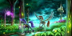 Size: 1600x800 | Tagged: safe, artist:pyrestorm, oc, oc only, firefly (insect), pegasus, pony, unicorn, duo, forest, goggles, jar, magic, minecraft, river, scenery, splash, spread wings, stars, stream, telekinesis, tower, tree, twilight forest, wings
