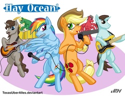 Size: 720x553 | Tagged: safe, artist:texasuberalles, applejack, rainbow dash, earth pony, pegasus, pony, unicorn, g4, ashleigh ball, background pony, bass guitar, david beckingham, david vertesi, drums, flute, guitar, hat, hey ocean, hey ocean!, keyboard, looking at you, microphone, musical instrument, ponified, pun, wing hands