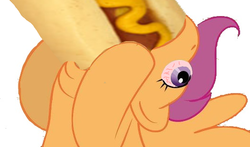 Size: 530x311 | Tagged: safe, artist:mcvay420, edit, scootaloo, pony, g4, bloodshot eyes, female, food, hot dog, meat, mustard, ponies eating meat, sauce, solo, wat