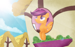 Size: 1920x1200 | Tagged: safe, artist:pastelflakes, scootaloo, g4, day, eyes open, house, looking up, solo, spread wings, sunlight, sunshine, window, wings