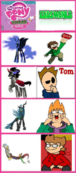 Size: 349x795 | Tagged: safe, discord, king sombra, nightmare moon, queen chrysalis, alicorn, changeling, changeling queen, draconequus, human, pony, unicorn, g4, chaos is magic, comparison chart, edd gould (eddsworld), eddsworld, female, matt (eddsworld), tom (eddsworld), tord (eddsworld)