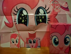 Size: 4608x3456 | Tagged: safe, pinkie pie, g4, collector box, foil cards, merchandise, poster, sticker