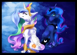 Size: 1652x1181 | Tagged: safe, artist:affanita, princess celestia, princess luna, wolf, g4, cute, horn, letterboxing, smiling, species swap, wolfified