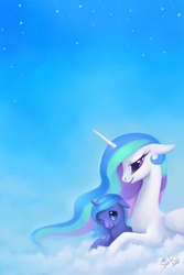 Size: 948x1417 | Tagged: safe, artist:scheadar, princess celestia, princess luna, alicorn, pony, g4, cloud, female, filly, looking at each other, on a cloud, sisters, woona, younger