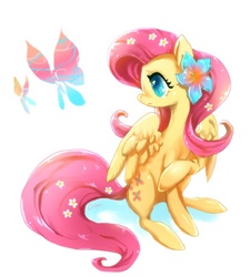 Size: 591x657 | Tagged: safe, artist:cizu, fluttershy, butterfly, pegasus, pony, cute, female, flower, flower in hair, flower in tail, mare, profile, shyabetes, simple background, sitting, solo, white background