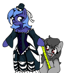 Size: 1062x1188 | Tagged: safe, artist:dankodeadzone, princess luna, oc, alicorn, pony, semi-anthro, g4, bipedal, clothes, corset, dress, hat, measuring tape, s1 luna, simple background, tongue out, worried
