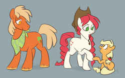Size: 944x594 | Tagged: safe, artist:egophiliac, applejack, daddy apple delight, mommy apple delight, earth pony, pony, g1, g4, apple delight, apple delight family, applejack's parents, bandana, father and daughter, female, filly, g1 to g4, generation leap, gray background, male, mother and daughter, parent, simple background