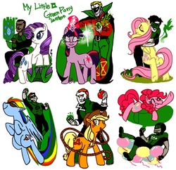 Size: 600x581 | Tagged: safe, artist:gwangin, applejack, fluttershy, pinkie pie, rainbow dash, rarity, twilight sparkle, g4, alan scott, crossover, dc comics, green lantern, guy gardner, hal jordan, john stewart, kyle rayner, mane six, simon baz