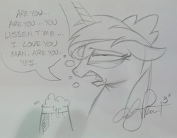 Size: 676x530 | Tagged: safe, artist:andy price, princess luna, pony, g4, cider, commission, drunk, female, monochrome, solo, traditional art
