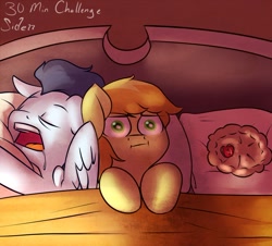 Size: 990x895 | Tagged: safe, artist:siden, braeburn, soarin', pegasus, pony, g4, 30 minute art challenge, :i, american pie, bed, drool, eyes closed, faic, floppy ears, funny, funny as hell, gay, implied group sex, implied sex, implied threesome, look of disapproval, male, on side, ot3, pie, ship:soarburn, shipping, that pony sure does love pies, wide eyes