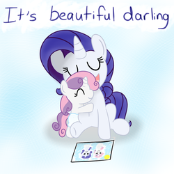 Size: 800x800 | Tagged: safe, artist:mister-true, rarity, sweetie belle, pony, g4, askfillyrarity, baby, baby belle, baby pony, cute, diasweetes, foal, hug, raribetes