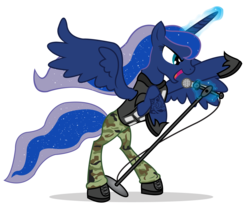 Size: 3068x2588 | Tagged: safe, artist:icaron, princess luna, alicorn, pony, g4, bipedal, clothes, cosplay, female, heavy metal, joakim brodén, mare, metal, microphone, sabaton, show accurate, simple background, solo, transparent background, vector