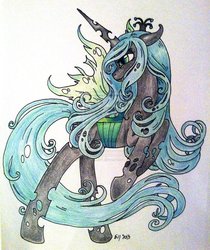 Size: 820x974 | Tagged: safe, artist:oriwhitedeer, queen chrysalis, changeling, changeling queen, g4, alternate hairstyle, crown, female, jewelry, regalia, solo, traditional art