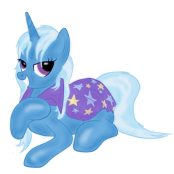 Size: 1100x1100 | Tagged: safe, artist:virenth, trixie, pony, unicorn, g4, cape, clothes, female, grin, lidded eyes, lying down, mare, missing accessory, simple background, smiling, transparent background, trixie's cape, wet mane