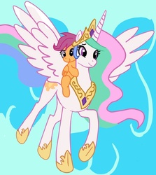 Size: 628x705 | Tagged: safe, artist:brony_1337, artist:johnjoseco, princess celestia, scootaloo, alicorn, pegasus, pony, g4, blank flank, blue background, colored, crown, cute, cutealoo, cutelestia, female, filly, flying, foal, folded wings, jewelry, mare, momlestia, ponies riding ponies, regalia, riding, scootaloo riding celestia, scootalove, simple background, smiling, spread wings, wings