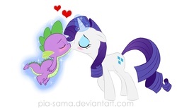 Size: 2116x1292 | Tagged: safe, artist:pia-sama, rarity, spike, dragon, pony, unicorn, g4, age difference, blushing, duo, eyes closed, heart, kiss on the lips, kissing, levitation, magic, magic aura, ship:sparity, shipping, simple background, size difference, telekinesis, white background