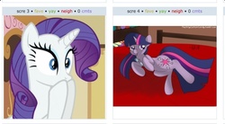 Size: 961x530 | Tagged: safe, rarity, twilight sparkle, g4, exploitable meme, juxtaposition, juxtaposition win