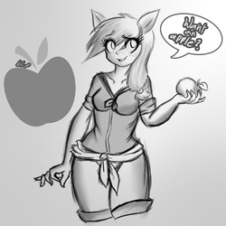Size: 813x812 | Tagged: safe, artist:blup-chan, applejack, earth pony, anthro, g4, apple, dialogue, female, human facial structure, monochrome, solo, standing