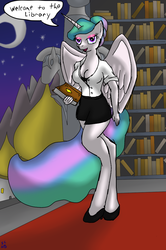 Size: 706x1061 | Tagged: safe, artist:short circuit, princess celestia, anthro, unguligrade anthro, g4, breasts, busty princess celestia, cleavage, clothes, female, librarian, shoes