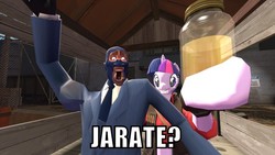 Size: 768x432 | Tagged: safe, twilight sparkle, anthro, g4, crossover, exploitable meme, jar, jarate, meme, memegenerator, pee in container, source filmmaker, spy, spy (tf2), team fortress 2, twilight sniper, urine