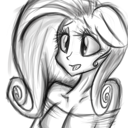 Size: 1600x1600 | Tagged: safe, artist:blup-chan, fluttershy, pegasus, anthro, g4, black and white, breasts, cleavage, clothes, doodle, female, floppy ears, grayscale, human facial structure, monochrome, off shoulder, simple background, sketch, solo, white background