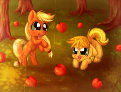 Size: 1924x1464 | Tagged: safe, artist:buizel149, applejack, braeburn, pony, g4, apple, bipedal, colt, cousins, cute, duo, eyes on the prize, filly, floppy ears, licking lips, prone, rearing, smiling, tongue out, younger
