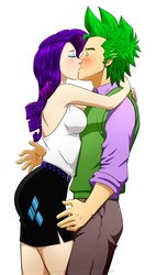 Size: 1575x2771 | Tagged: safe, artist:pia-sama, rarity, spike, human, g4, blushing, breast squish, breasts, busty rarity, duo, female, humanized, kiss on the lips, kissing, male, older, older spike, ship:sparity, shipping, simple background, straight, white background