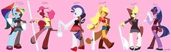 Size: 2427x741 | Tagged: safe, artist:polywomple, applejack, fluttershy, pinkie pie, rainbow dash, rarity, twilight sparkle, anthro, g4, axe, boxing gloves, clothes, mane six, panties, panty and stocking with garterbelt, pantyhose, skirt, staff, style emulation, submachinegun, thong, underwear, uzi, weapon