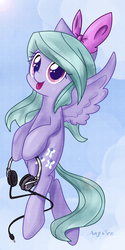 Size: 1417x2835 | Tagged: safe, artist:anggrc, flitter, pegasus, pony, g4, :p, bow, cute, female, flitterbetes, flying, hair bow, happy, headphones, silly, smiling, solo, tongue out