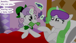 Size: 3000x1713 | Tagged: safe, artist:dazed-and-wandering, rarity, sweetie belle, pony, unicorn, g4, bed, duo, green hair, hair dye, in bed, magic, saint patrick's day, sleep mask, sweetie belle's magic brings a great big smile