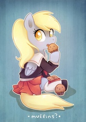 Size: 437x620 | Tagged: safe, artist:tsurime, derpy hooves, pegasus, pony, g4, clothes, female, mare, muffin, outfit, school uniform, schoolgirl, skirt, solo