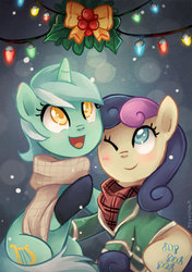 Size: 350x496 | Tagged: safe, artist:tsurime, bon bon, lyra heartstrings, sweetie drops, earth pony, pony, unicorn, g4, adorabon, blushing, christmas lights, clothes, cute, female, happy, holly, holly mistaken for mistletoe, lesbian, looking up, lyrabetes, nuzzling, one eye closed, open mouth, scarf, ship:lyrabon, shipping, sitting, smiling, snow, snowfall, wink