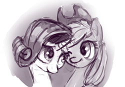 Size: 500x348 | Tagged: safe, artist:zestyoranges, applejack, rarity, g4, female, grayscale, lesbian, ship:rarijack, shipping