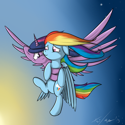 Size: 1280x1280 | Tagged: safe, artist:geneticanomaly, rainbow dash, twilight sparkle, alicorn, pony, g4, duo, duo female, female, flying, lesbian, mare, ship:twidash, shipping, spread wings, twilight sparkle (alicorn), wings