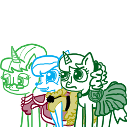 Size: 432x432 | Tagged: safe, artist:ficficponyfic, oc, oc only, oc:emerald herb poultrice, oc:filchia, oc:larkspur, deer, pony, unicorn, alternate clothes, alternate hairstyle, saddle