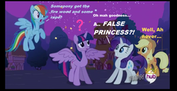 Size: 1618x838 | Tagged: safe, edit, edited screencap, screencap, applejack, rainbow dash, rarity, twilight sparkle, alicorn, pony, g4, caption, false, female, mare, question mark, twilight sparkle (alicorn)