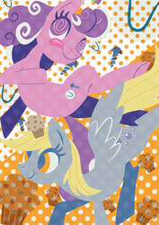 Size: 595x842 | Tagged: dead source, safe, artist:yousukou, derpy hooves, screwball, earth pony, pegasus, pony, g4, duo, duo female, female, mare, muffin