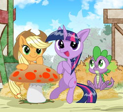 Size: 1200x1092 | Tagged: safe, artist:mol, applejack, spike, twilight sparkle, g4, cute, hay, mushroom, pixiv, table