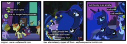 Size: 1200x420 | Tagged: safe, edit, edited screencap, screencap, carrot top, golden harvest, princess luna, sea swirl, seafoam, spike, twilight sparkle, g4, luna eclipsed, a softer world, clothes, cosplay, costume, dragon costume, dragonception, nightmare night, nightmare night costume, screencap comic, star swirl the bearded costume, twilight the bearded