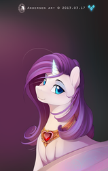 Size: 1875x2953 | Tagged: dead source, safe, artist:antiander, part of a set, rarity, pony, unicorn, g4, beautiful, blue eyes, blue eyeshadow, bust, eyeshadow, female, fire ruby, gem, gradient background, horn, jewelry, looking at you, makeup, mare, necklace, smiling, smiling at you, solo