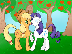 Size: 1024x768 | Tagged: safe, artist:zeltidisfreak, applejack, rarity, g4, female, lesbian, licking, ship:rarijack, shipping