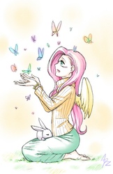 Size: 612x945 | Tagged: dead source, safe, artist:apzzang, angel bunny, fluttershy, butterfly, human, g4, barefoot, clothes, feet, female, grass, humanized, long skirt, skirt, sweater, sweatershy, winged humanization